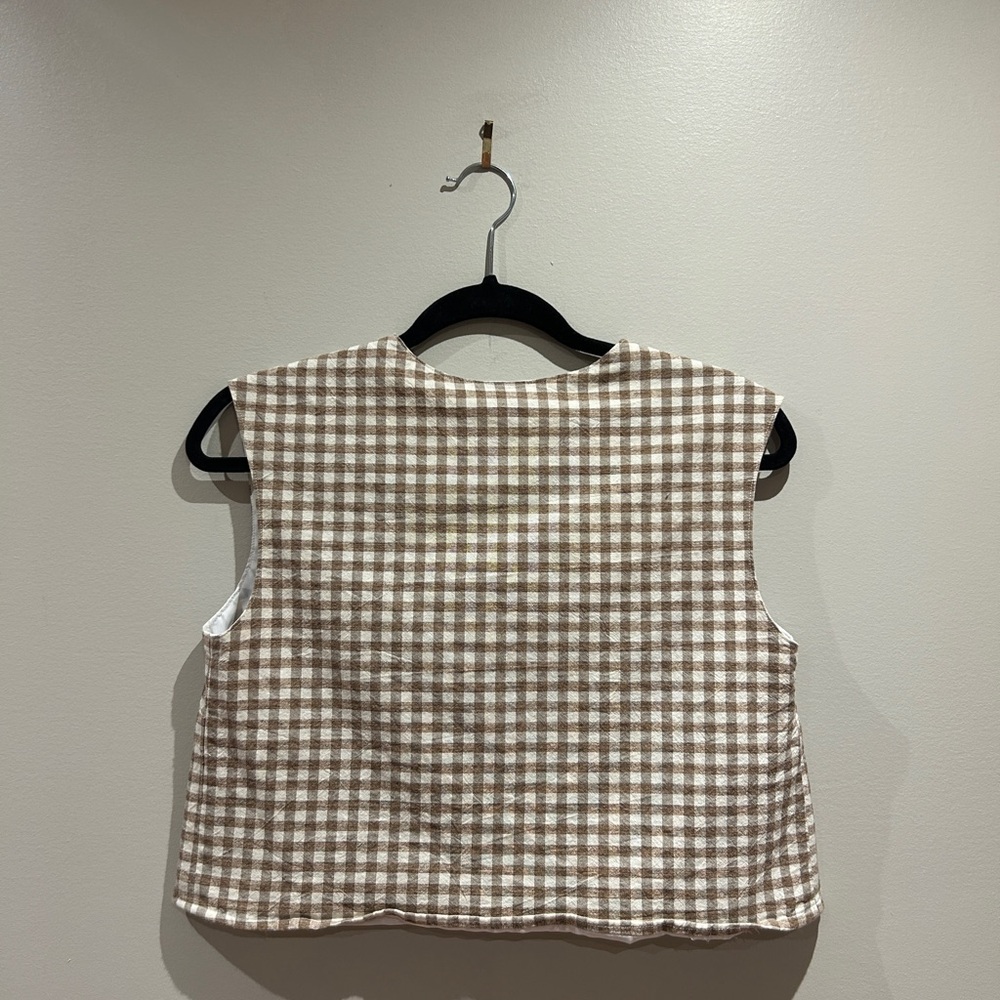 Brown White Gingham Crop Top Sleeveless Checkered Cottagecore M